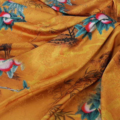 Peach Teal Tea Silk Satin Fabric: Floral Print, 59" Wide