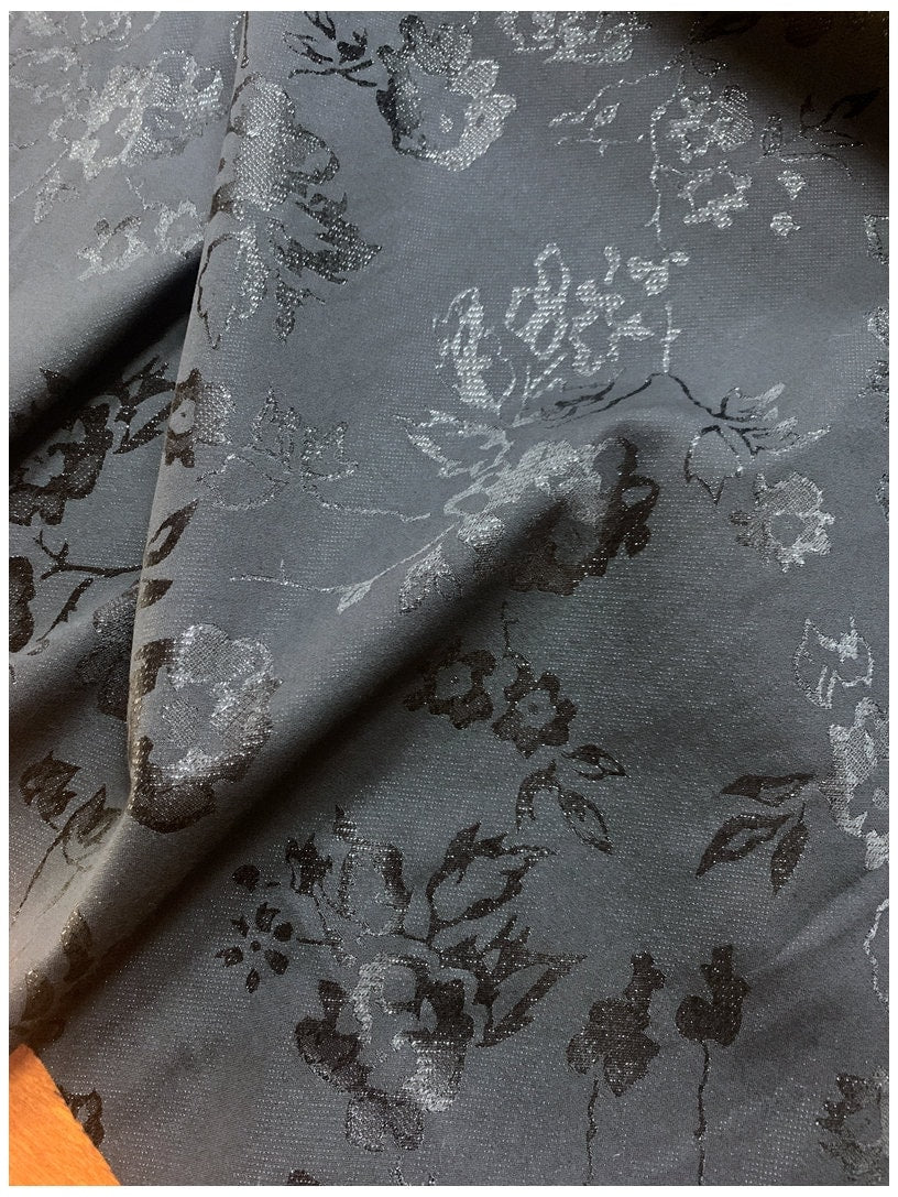 Black Floral Jacquard Fabric: Silk Cotton Blend, 57" Wide, Costume Fabric