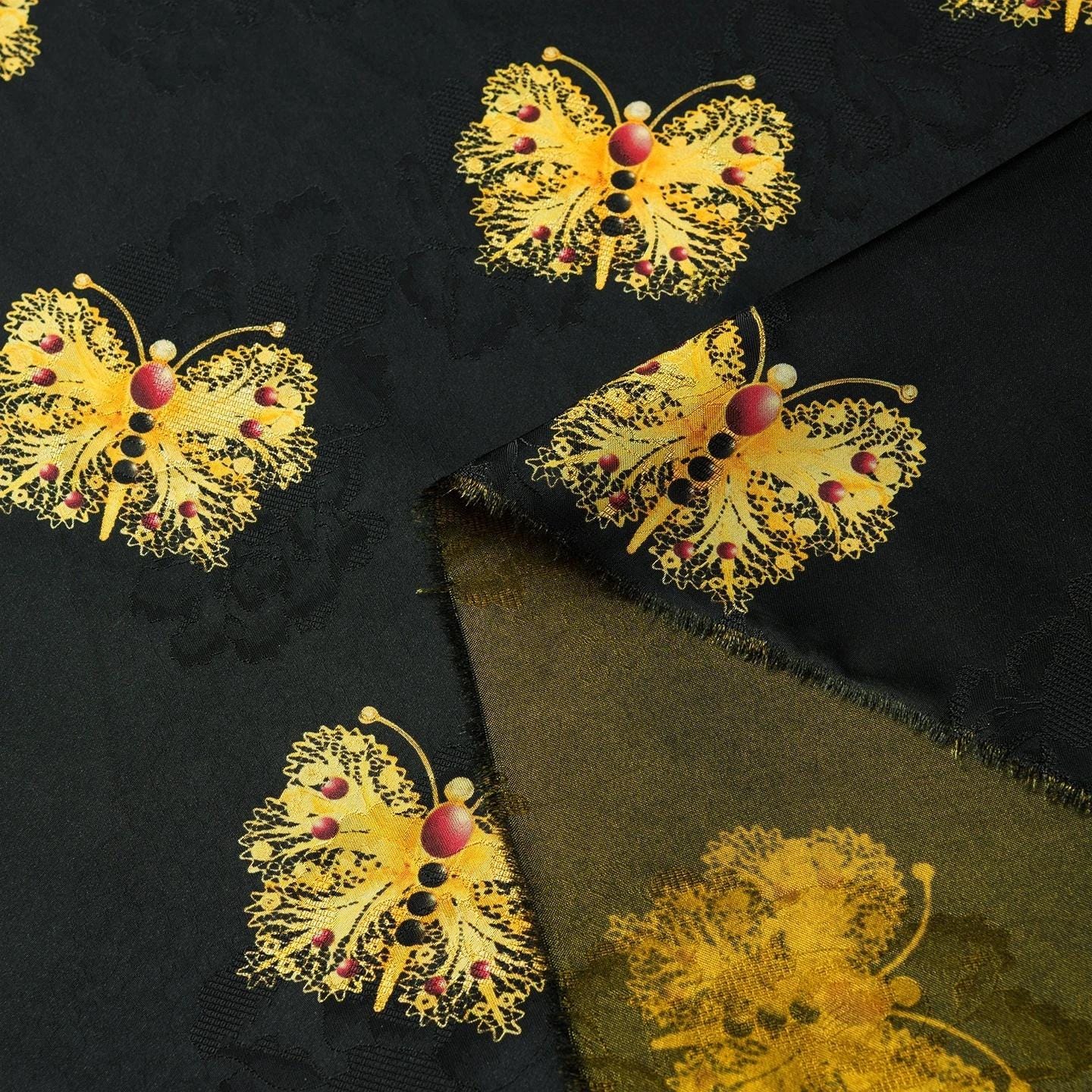 Black & Gold Butterfly Silk Jacquard Fabric: Cheongsam Hanfu Material