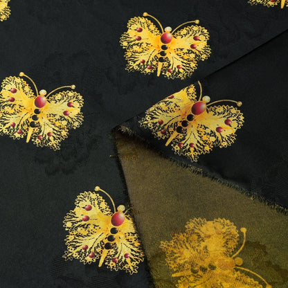 Black & Gold Butterfly Silk Jacquard Fabric: Cheongsam Hanfu Material