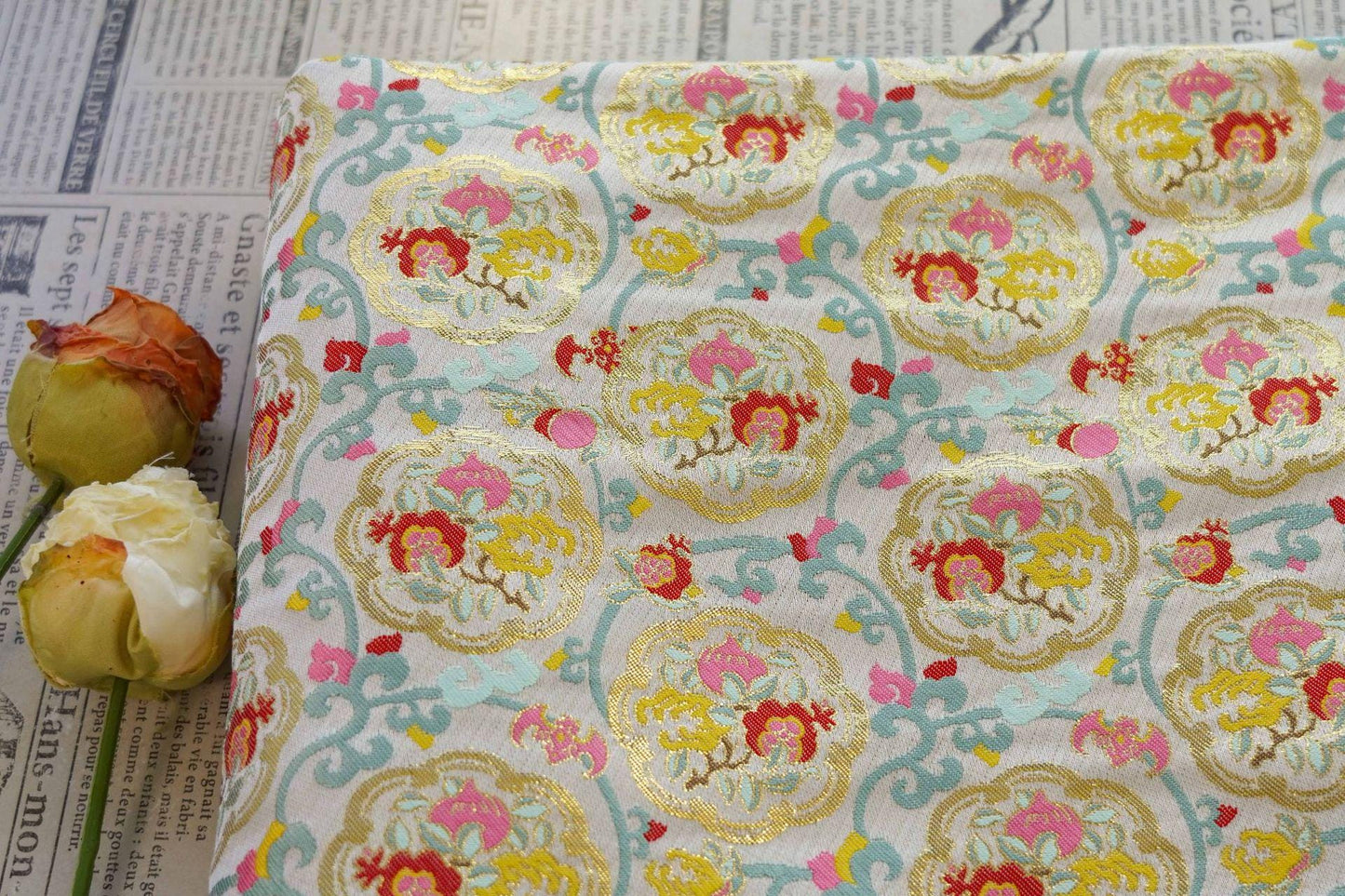 Oriental Medallion Jacquard Fabric, Gold Thread Chinese Textile, 59"W
