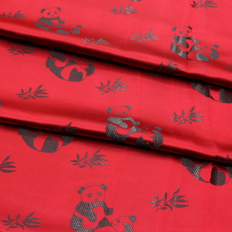 Tissu satiné brodé Panda : tissu de couture chinois à motifs de feuilles de bambou (largeur 45")