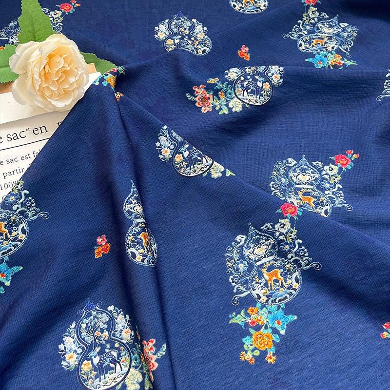 Royal Blue ���Fu Lu��� Floral Chinese Style Digital Print Cotton Brocad" Wide