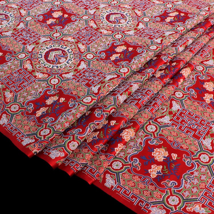 Embroidered Thangka Fabric: Red Tibetan Robe Mount, Upholstery & Costume Fabric
