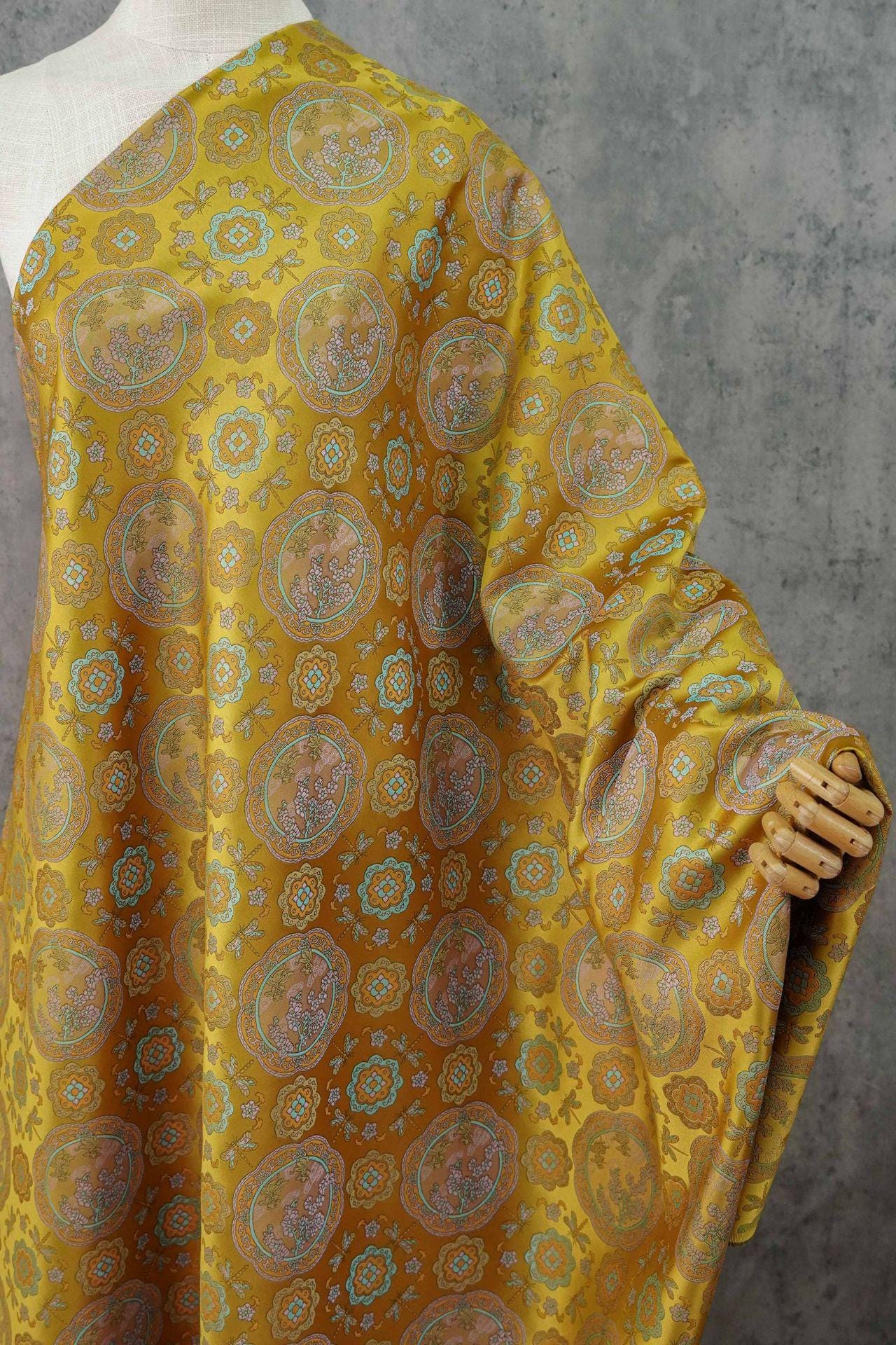 Tibetan Brocade Fabric by the Yard | Rayon Satin with Lotus Flower Embroidery | 58" Wide