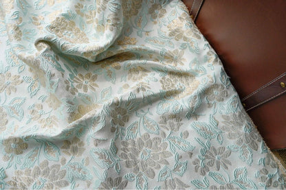 Gold Thread Floral Jacquard Fabric: Mint Green 3D Texture (55" W)