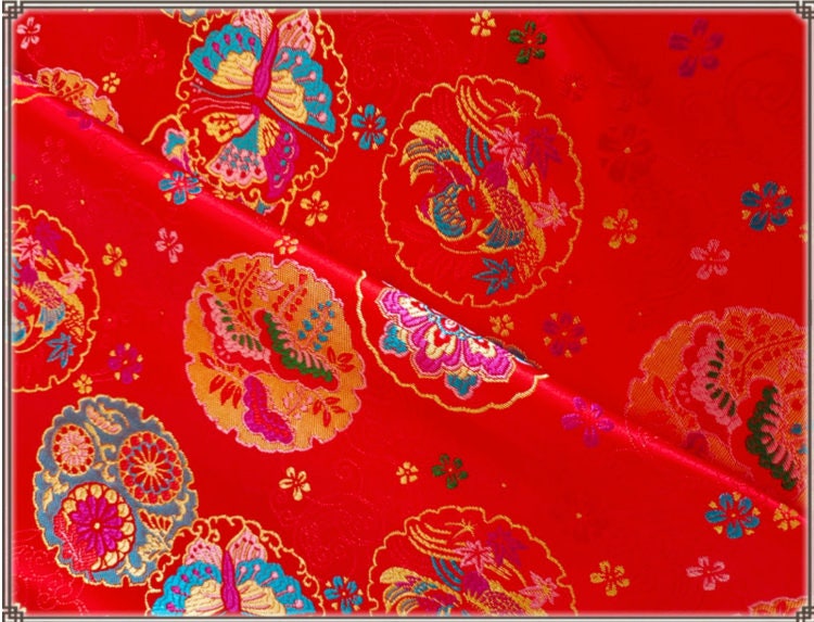Red Butterfly Brocade Fabric: 59" Wide Silk Rayon Jacquard