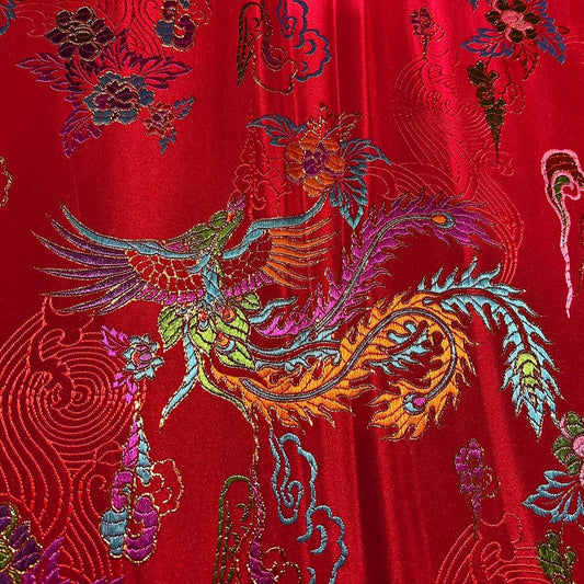 Tissu brocart Red Phoenix : satin de soie damassé cheongsam chinois, 75 cm de large