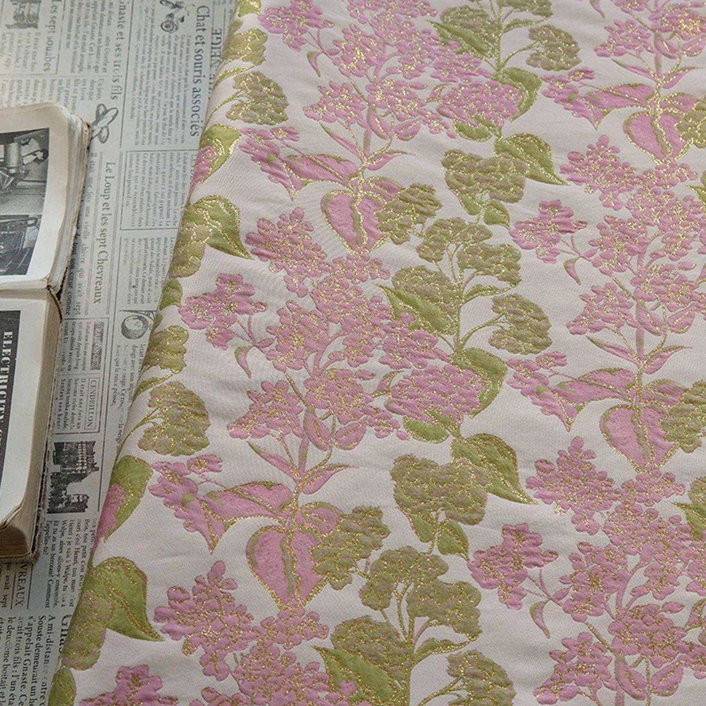 Pink Floral Jacquard Brocade Fabric with Gold Thread, 58" Wide