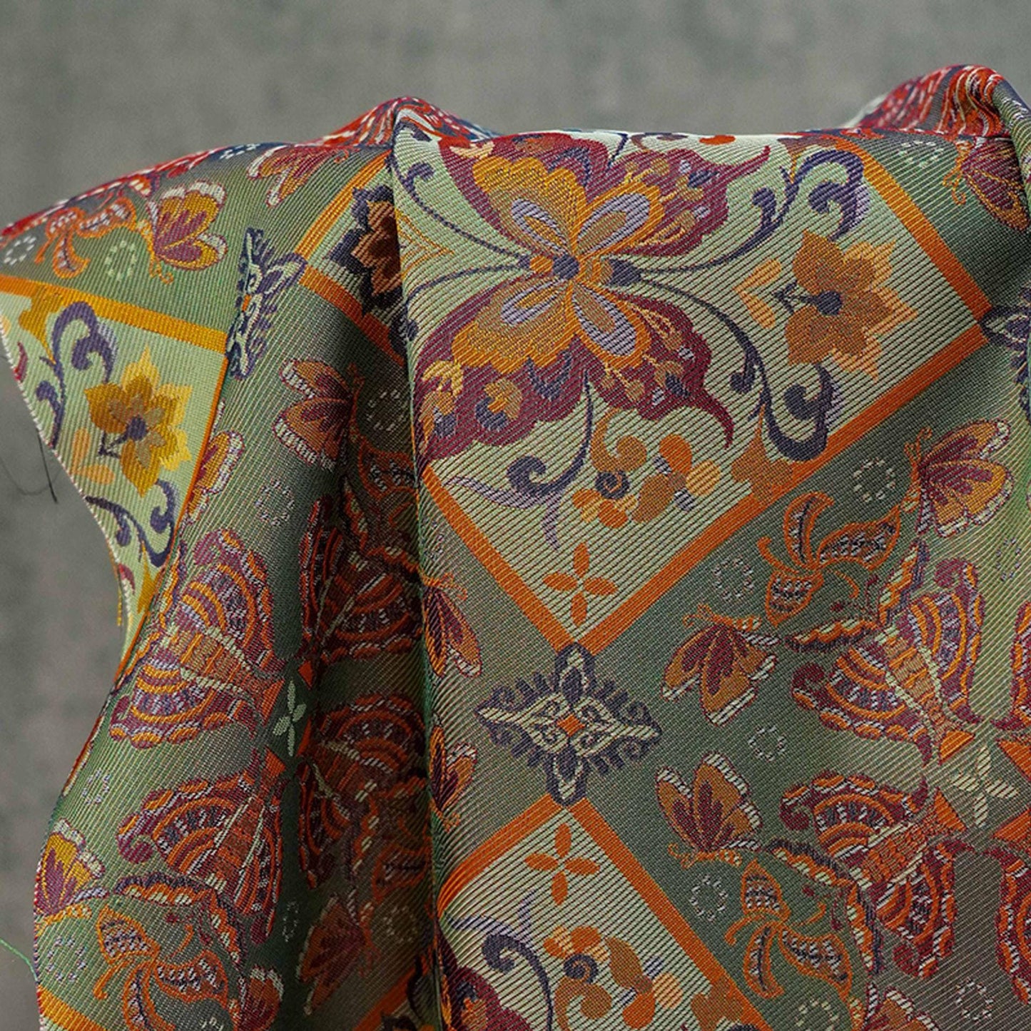 Butterfly Floral Jacquard Fabric: Ethnic Green Iridescent Sewing Material (59"W, By The Meter)