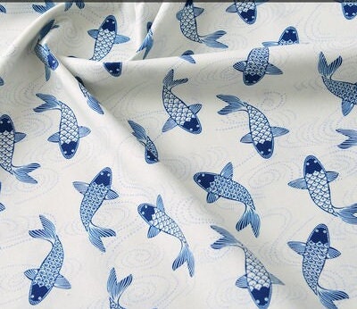 Japanese Cotton Fabric: Blue Koi Fish Print, Sewing & Upholstery