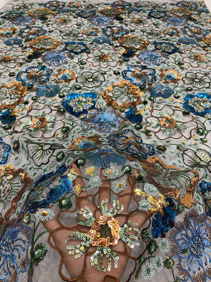 Tissu en dentelle à sequins brodée de fleurs, 124 cm de large