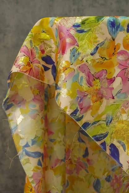 Floral Jacquard Woven Fabric: 3D Gold Thread Embossed Texture, 57" Wide