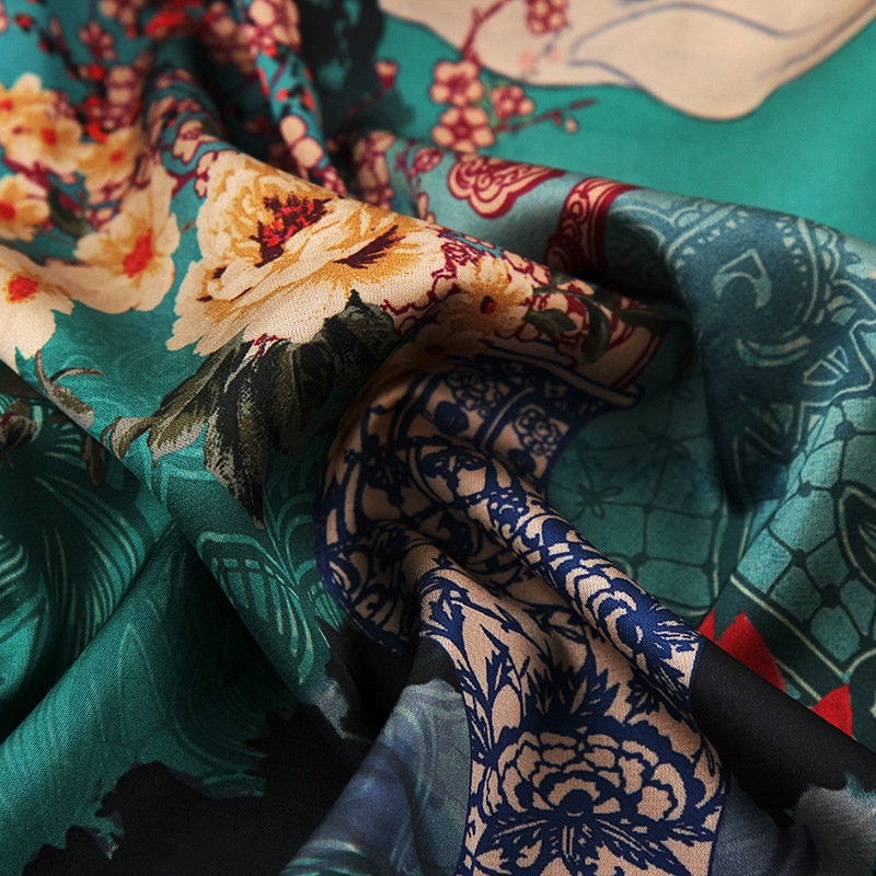 Jade Green Tea Silk Satin Fabric: Floral Crane Print, 59" Wide