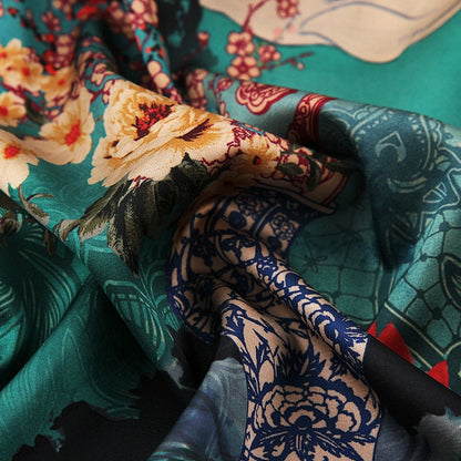 Jade Green Tea Silk Satin Fabric: Floral Crane Print, 59" Wide