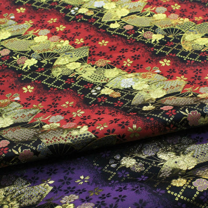 Nishijin Floral Jacquard Brocade Fabric: Black & Purple Silk Rayon Blend