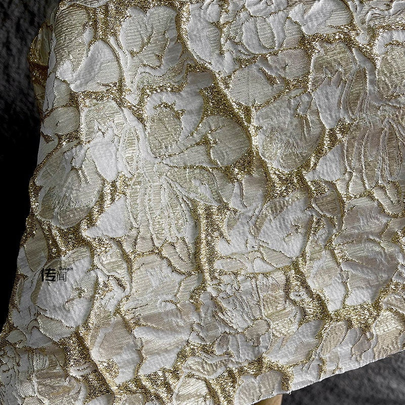 Gold Embossed Jacquard Fabric: 53"W Floral Upholstery Fabric