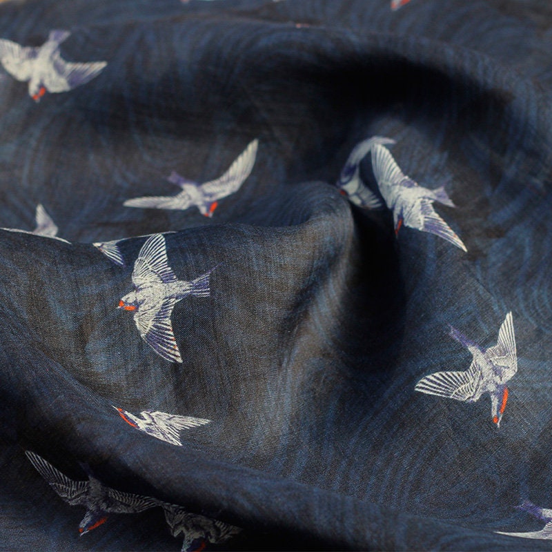 Vintage Style Ramie Fabric: Bird Print, 55" Wide, Soft & Breathable