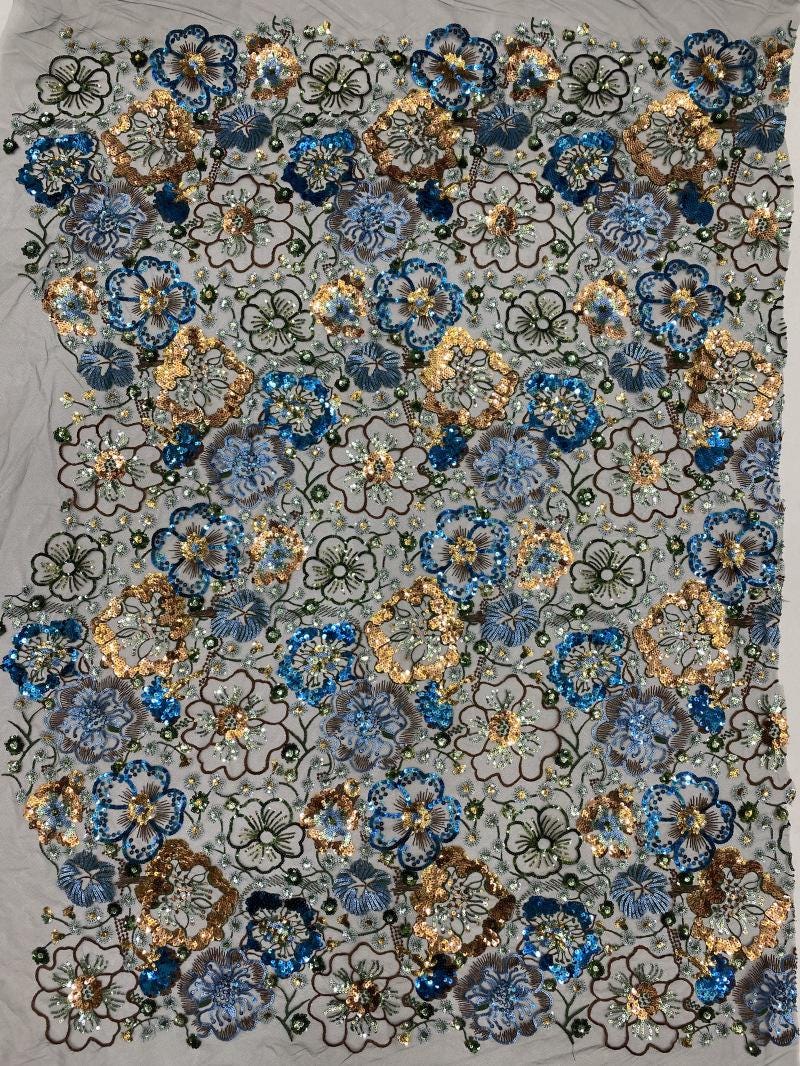 Tissu en dentelle à sequins brodée de fleurs, 124 cm de large
