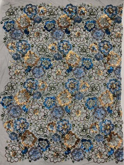 Tissu en dentelle à sequins brodée de fleurs, 124 cm de large
