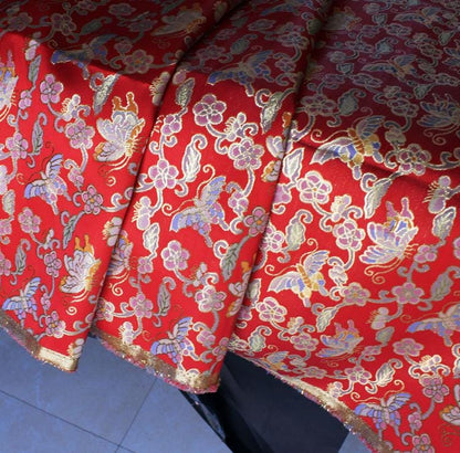 Tibetan Brocade Fabric: Butterfly & Lotus Embroidery, 28" Wide