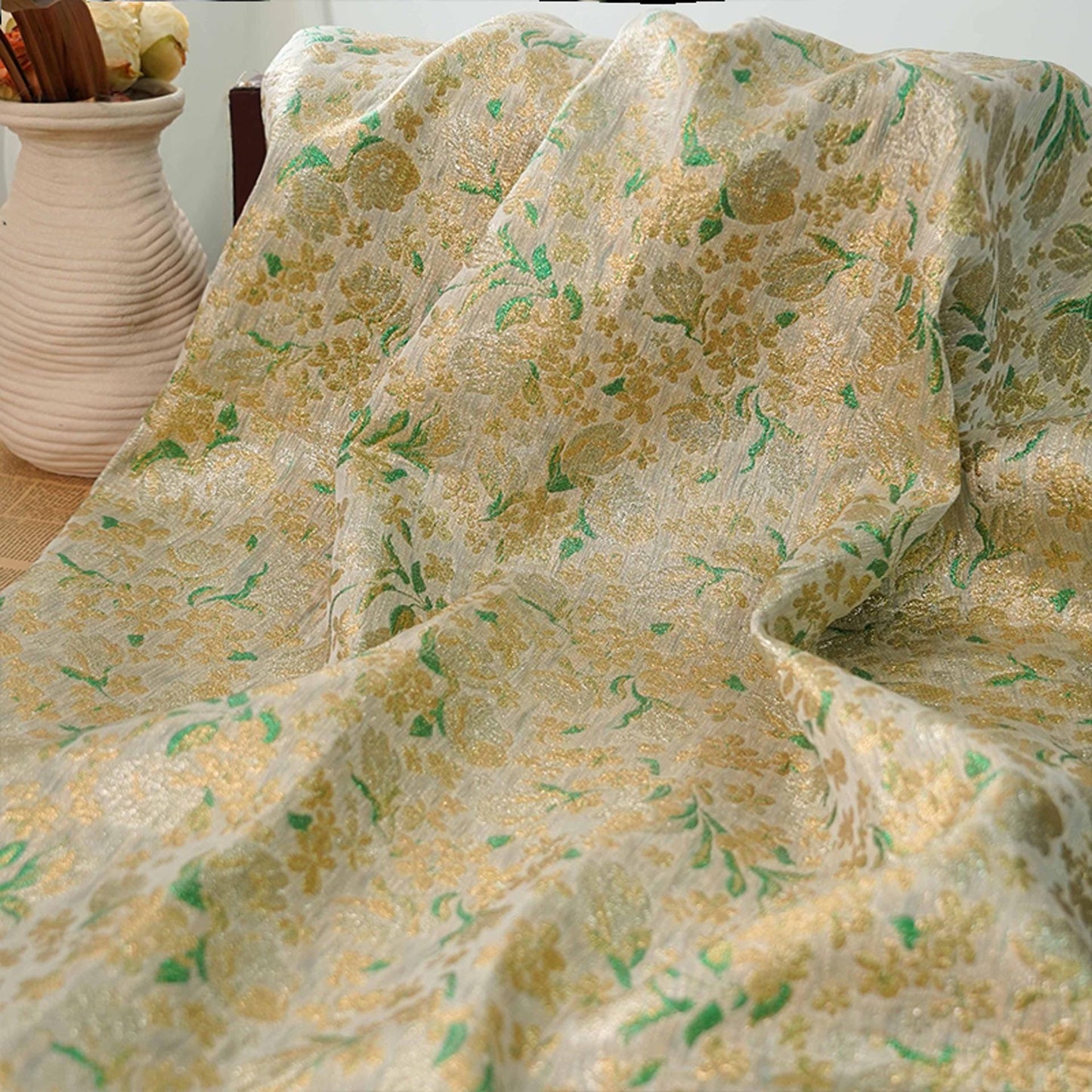 Gold Thread Jacquard Fabric: 3D Floral Upholstery & Drapery, 55" Wide