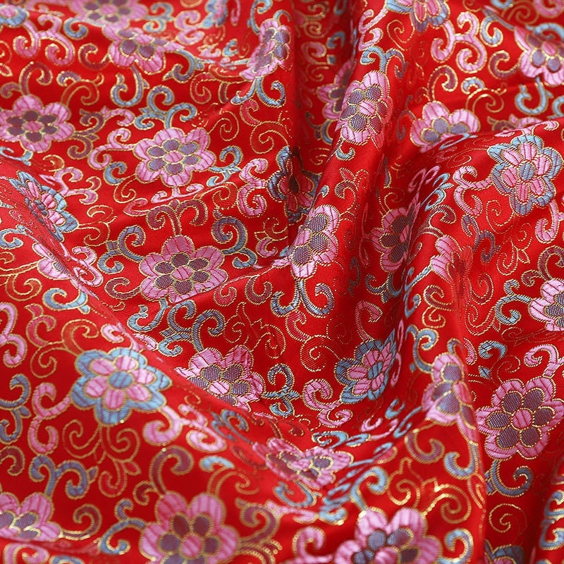 Floral Vine Silk Brocade Fabric: Red Cheongsam Upholstery, 57"W