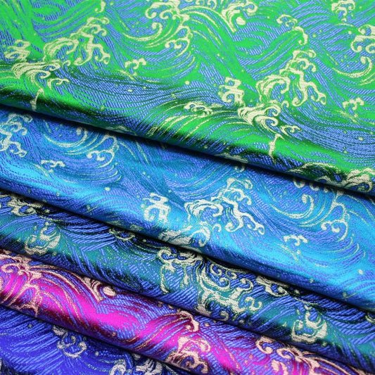 Tissu brocart de soie et rayonne à motif vagues océaniques - 75 cm