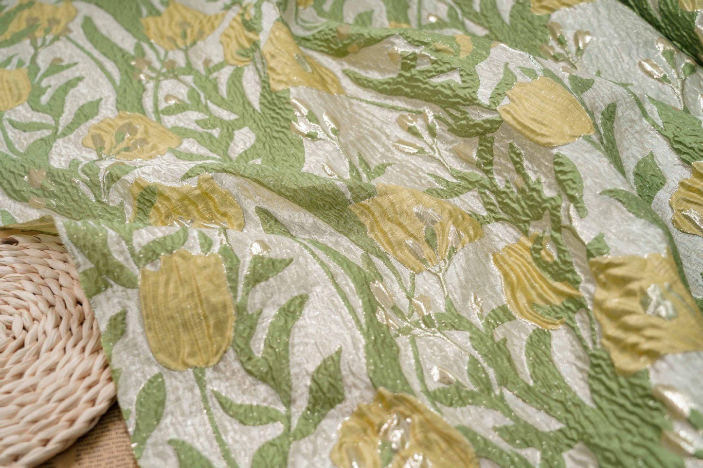 Floral Jacquard Fabric: Gold Thread 3D Texture, 55" Wide