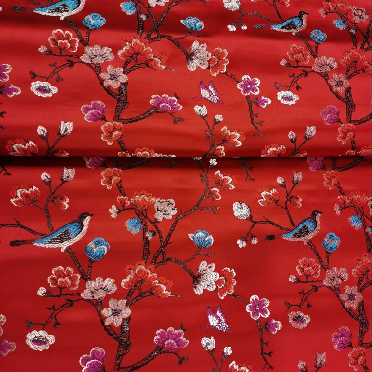 Red Silk Brocade Fabric: Bird & Branch Print, 59" Wide
