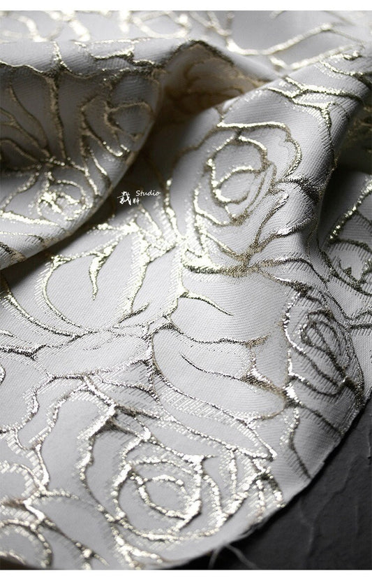 Gold Thread Rose Jacquard Fabric: 3D Texture Designer Sewing, 55" Wide