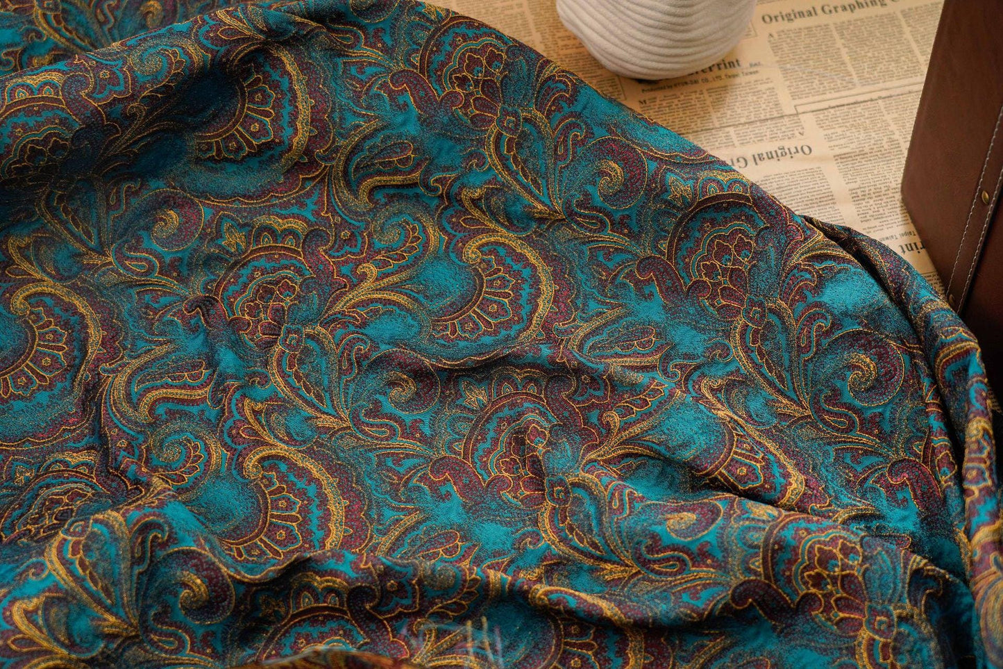 Lurex Jacquard Fabric: Lake Blue Paisley Woven Upholstery, Sewing, Drapery (62"W)