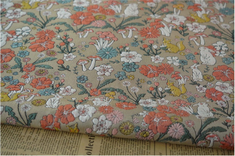 Rabbit & Mushroom Jacquard Fabric: Embossed Upholstery, 57"W