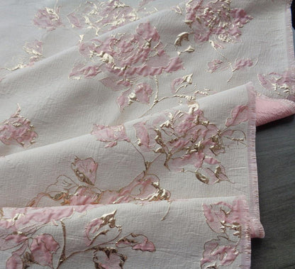 Pink Peony Gold Foil Jacquard Fabric: Chenille Upholstery, Quilting - 56"W