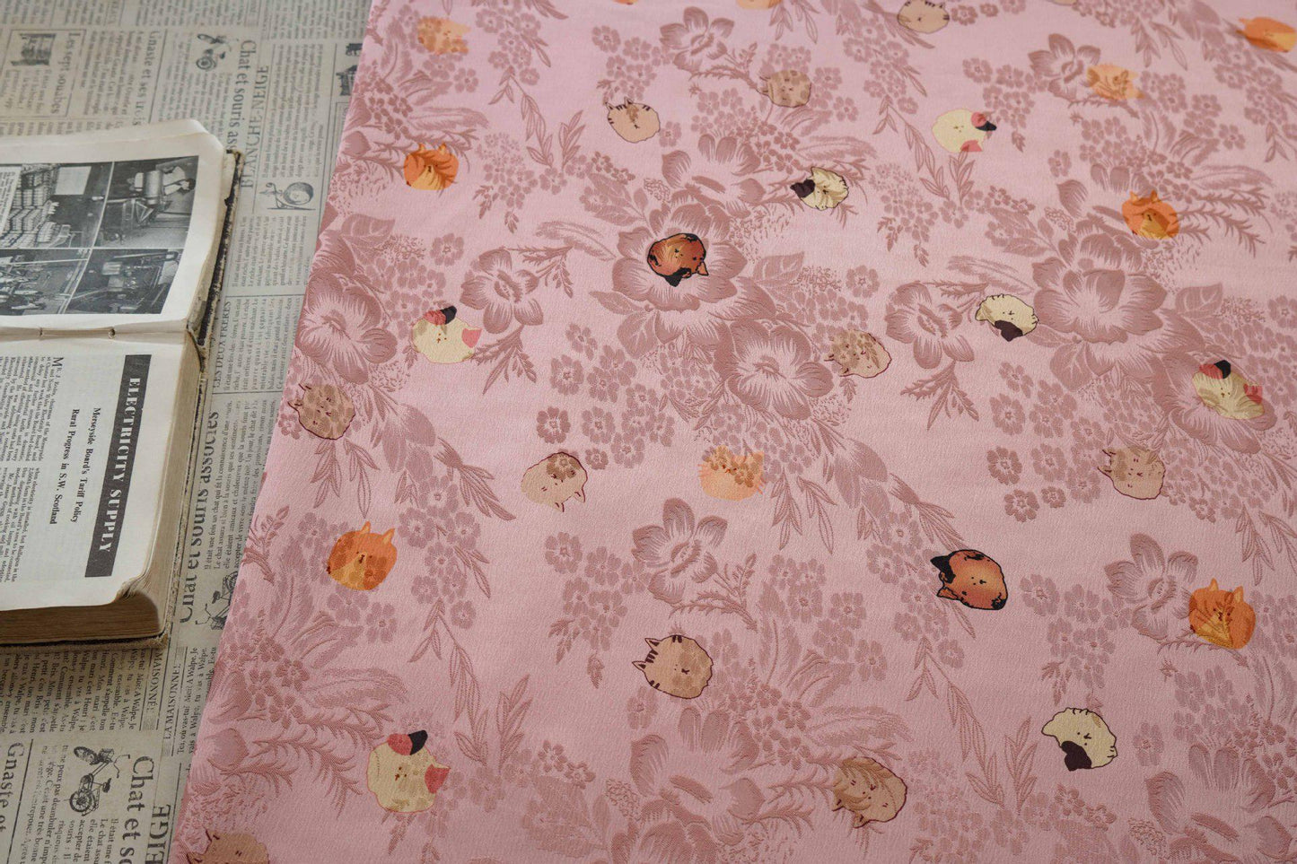 Cartoon Cat Silk Satin Fabric, Digital Print, 59"W