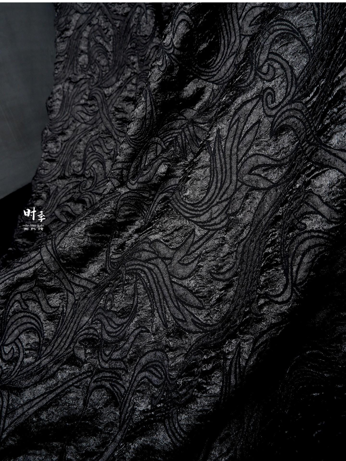 Tissu brocart jacquard queue de phénix noir | Tissu couture gaufré (largeur 150 cm)