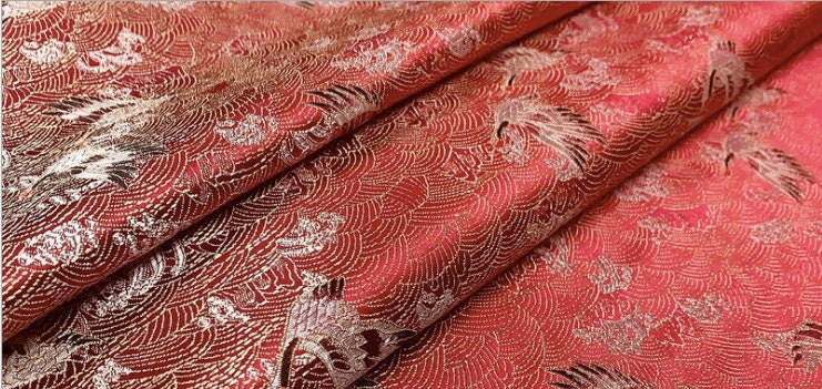 Crane Pattern Jacquard Brocade Fabric: Silk Rayon Blend