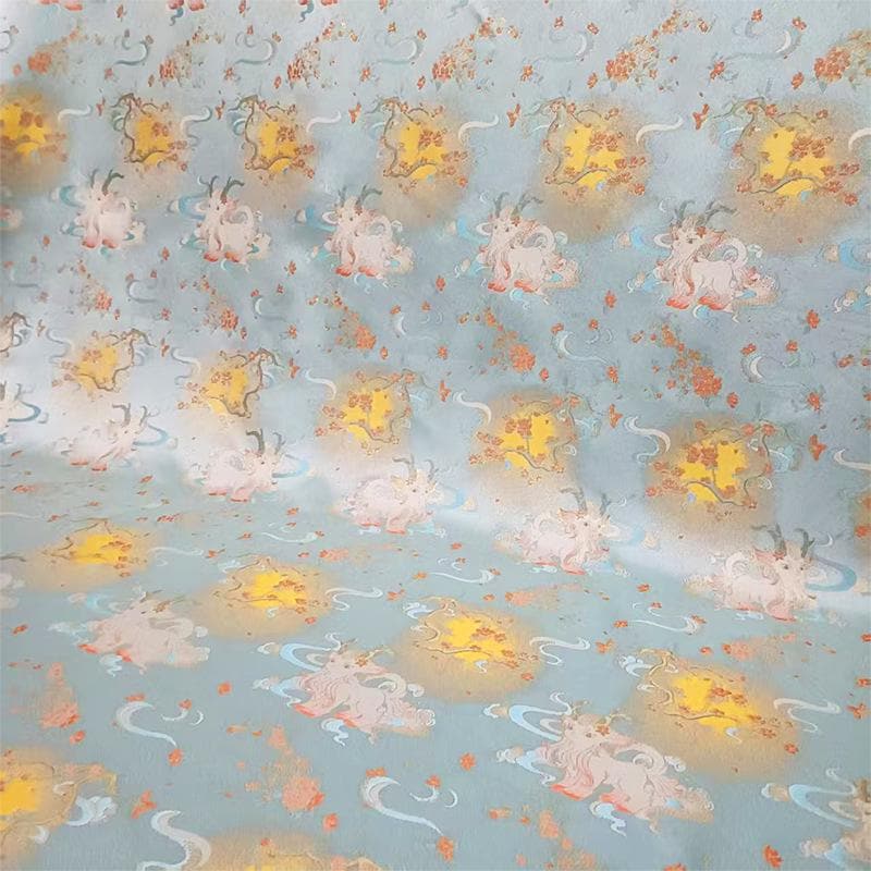 Color���Woven Jacquard Brocade Fabric with Gold Thread ��� Auspicious White & Multicolor" Wide