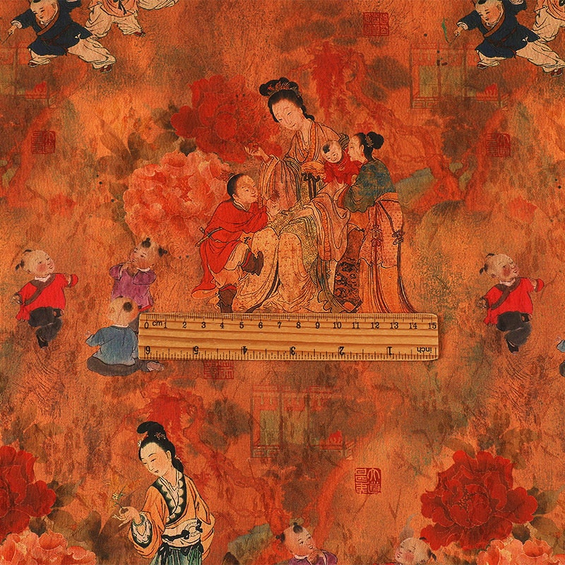 Red Cloud Yarn Fabric: Ancient Ladies Floral Print, 59" Wide
