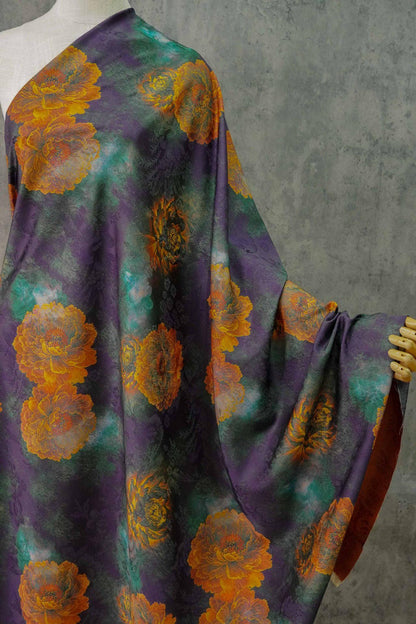 Floral Tea Silk Satin Fabric: Dark Green Upholstery, Costume, Drapery (59"W)