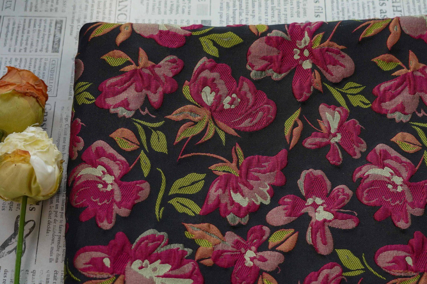 Embossed Floral Jacquard Fabric ��� Black & Pi" Wide