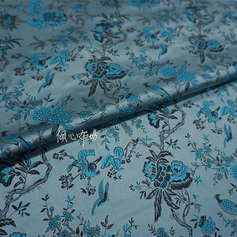 Blue Brocade Fabric: Bird & Azalea Print, 59" Wide