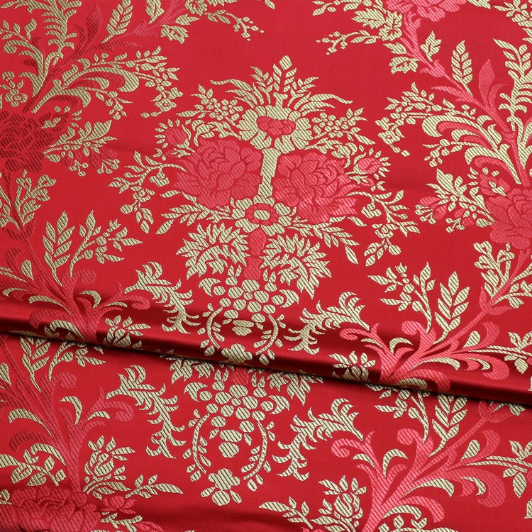 Red and Gold Peony Silk Brocade Fabric: 29.5"W Wedding Upholstery