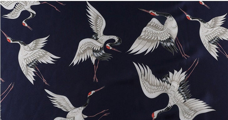 Crane Print Satin Rayon Fabric: Soft Bridal Fabric By The Meter