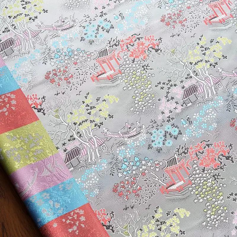 Silver White Brocade Fabric: Ancient Chinese Painting Pattern, 45" Wide