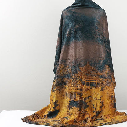 Ancient Architecture Tea Silk Satin Fabric - 59"W Upholstery & Costume