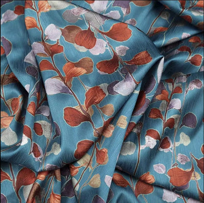Leaf Print Satin Fabric: Teal Designer Sewing Material