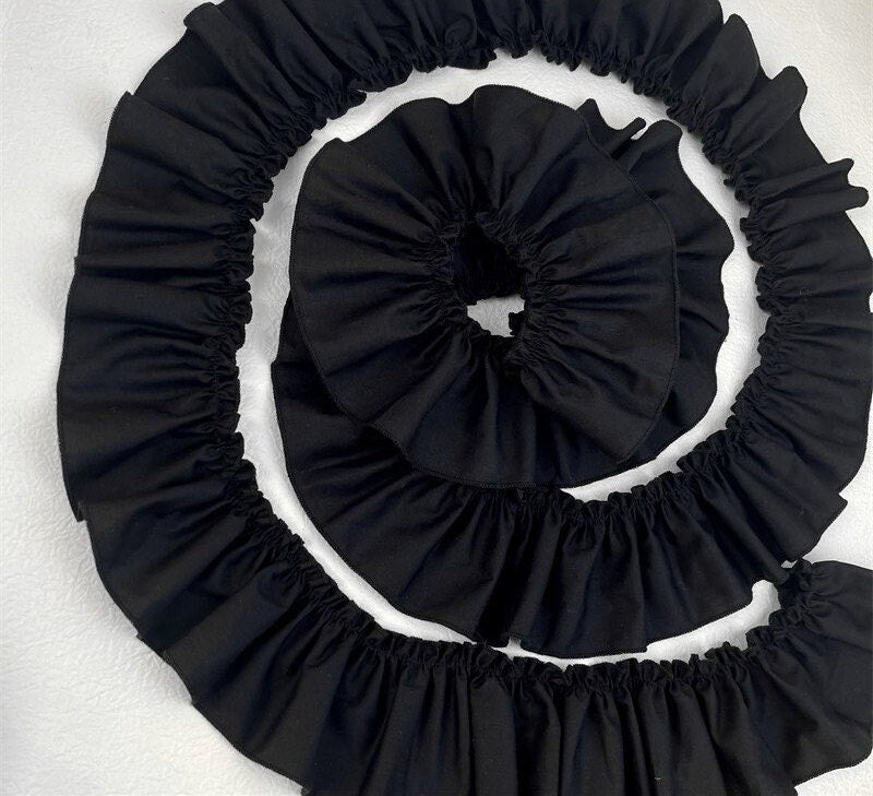 Black Cotton Ruffle Fabric Trim: DIY Doll Clothing, Decor - 3" Width