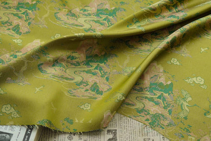 Embossed Jacquard Fabric: 3D Yellow Green Retro Upholstery, Dress, Curtain Material