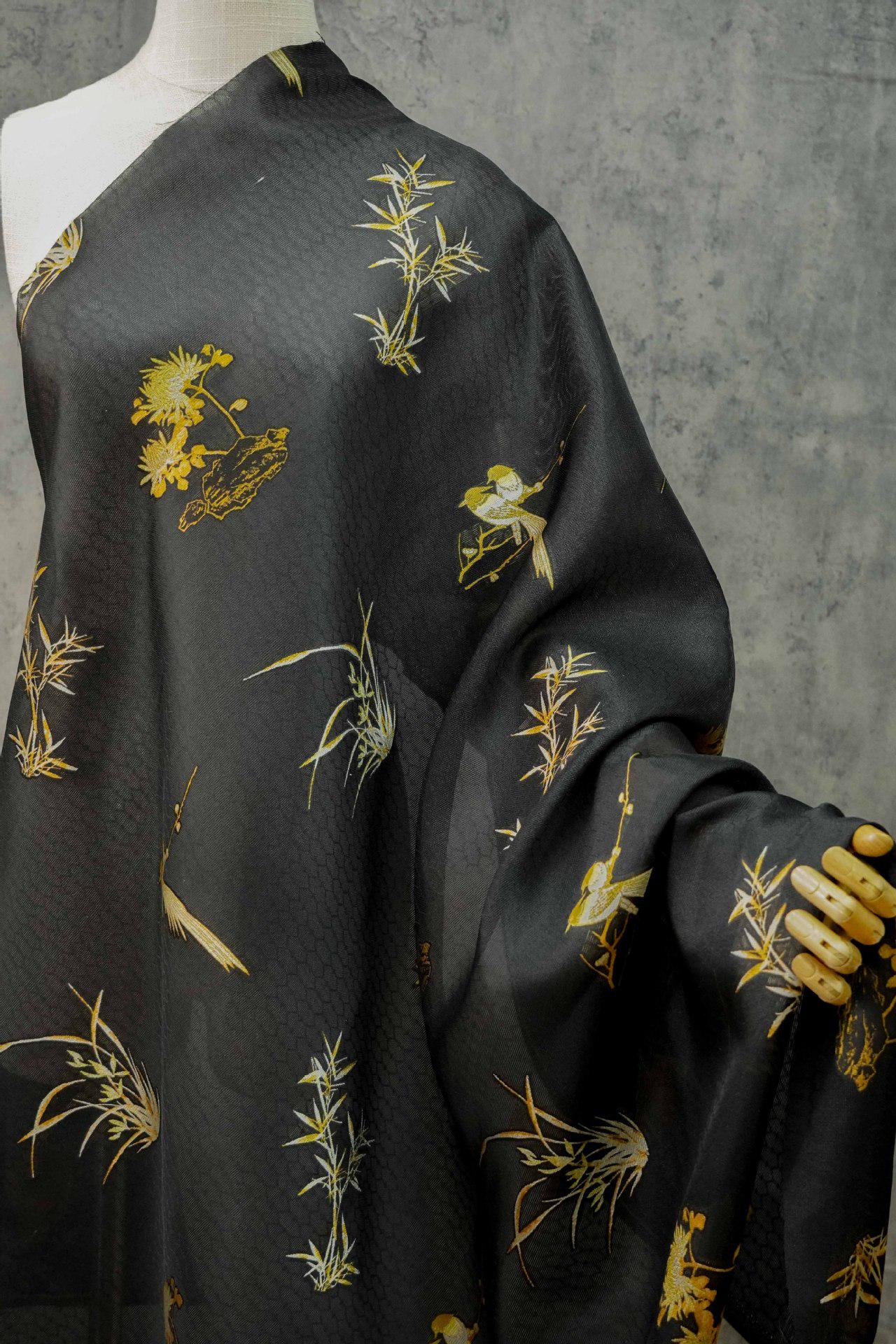 Bird & Bamboo Jacquard Fabric: Japanese Style Dress Fabric, 55"W